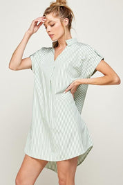 Stripe Print Curved Hem Short Dress- Sage - NIXII Clothing
