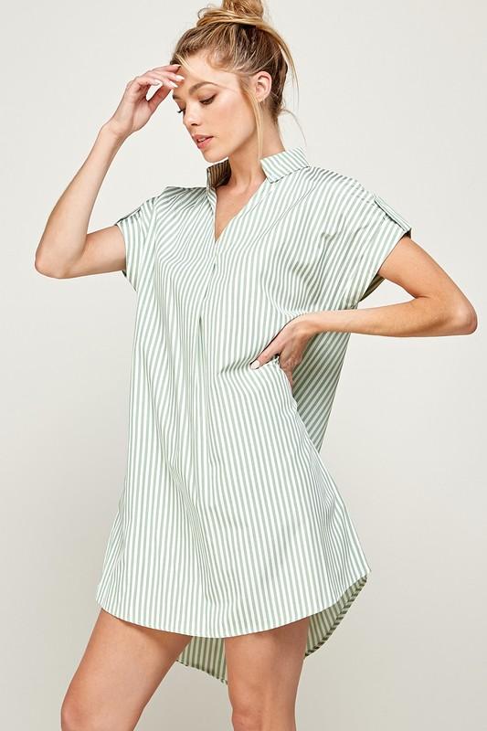 Stripe Print Curved Hem Short Dress- Sage - NIXII Clothing