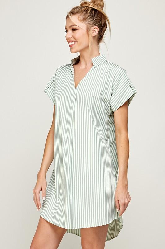 Stripe Print Curved Hem Short Dress- Sage - NIXII Clothing