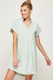 Stripe Print Curved Hem Short Dress- Sage - NIXII Clothing