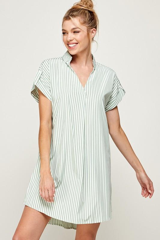 Stripe Print Curved Hem Short Dress- Sage - NIXII Clothing