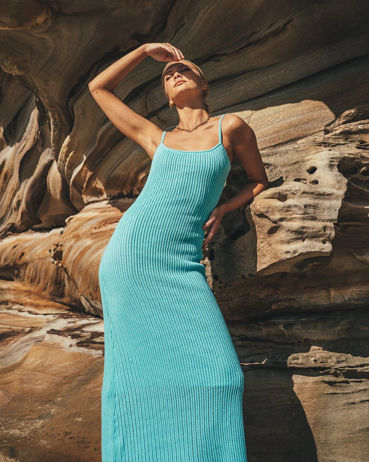 Summer Aqua Knit Maxi Dress