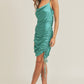 TEAL GREEN SATIN SIDE DRAWSTRING DRESS - NIXII Clothing