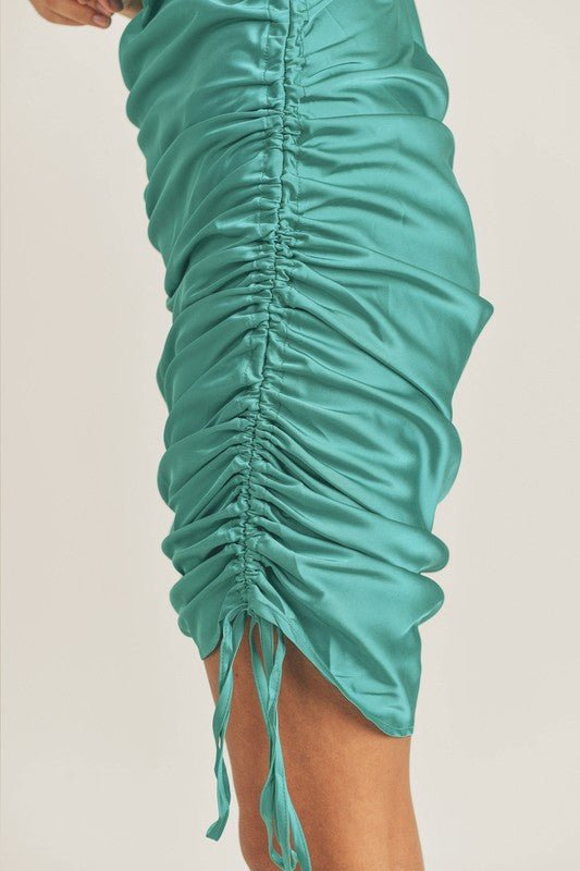 TEAL GREEN SATIN SIDE DRAWSTRING DRESS - NIXII Clothing