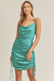 TEAL GREEN SATIN SIDE DRAWSTRING DRESS - NIXII Clothing