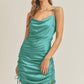 TEAL GREEN SATIN SIDE DRAWSTRING DRESS - NIXII Clothing