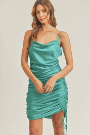 TEAL GREEN SATIN SIDE DRAWSTRING DRESS - NIXII Clothing