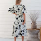 White & Black Floral V Neck Puffy Sleeve Dress - NIXII Clothing