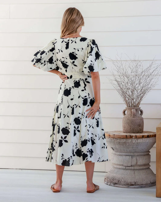 White & Black Floral V Neck Puffy Sleeve Dress - NIXII Clothing