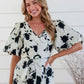White & Black Floral V Neck Puffy Sleeve Dress - NIXII Clothing
