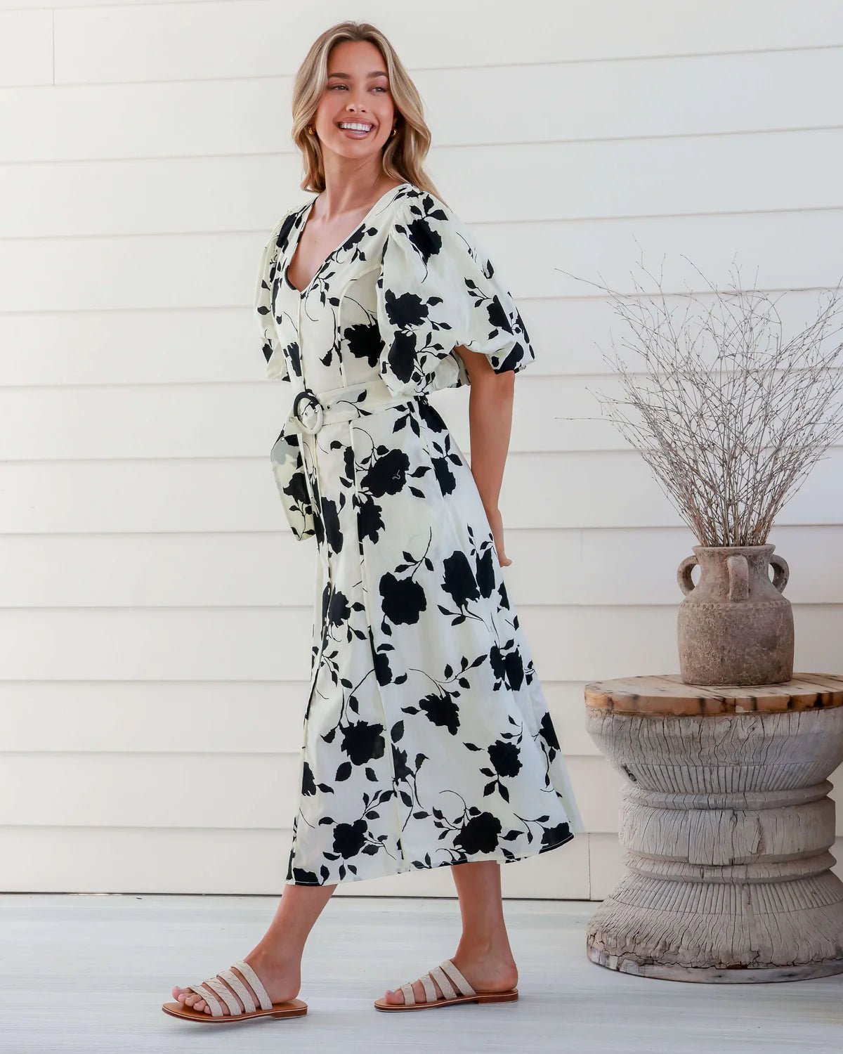 White & Black Floral V Neck Puffy Sleeve Dress - NIXII Clothing