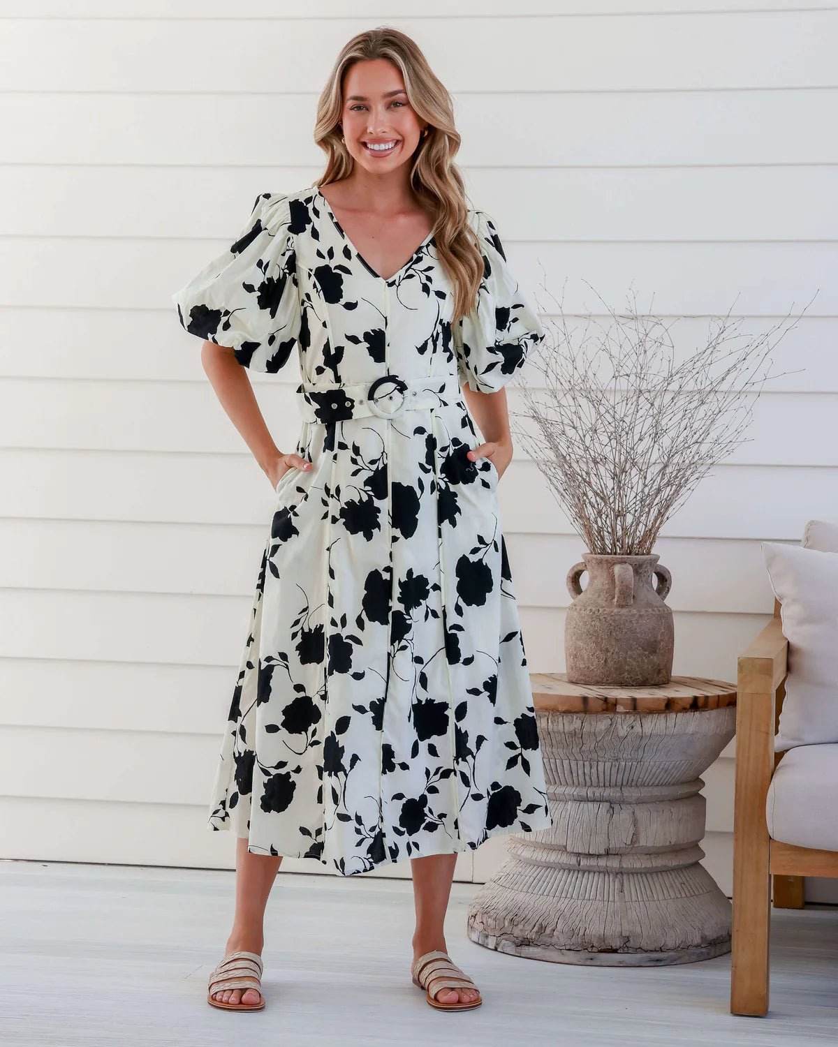 White & Black Floral V Neck Puffy Sleeve Dress - NIXII Clothing